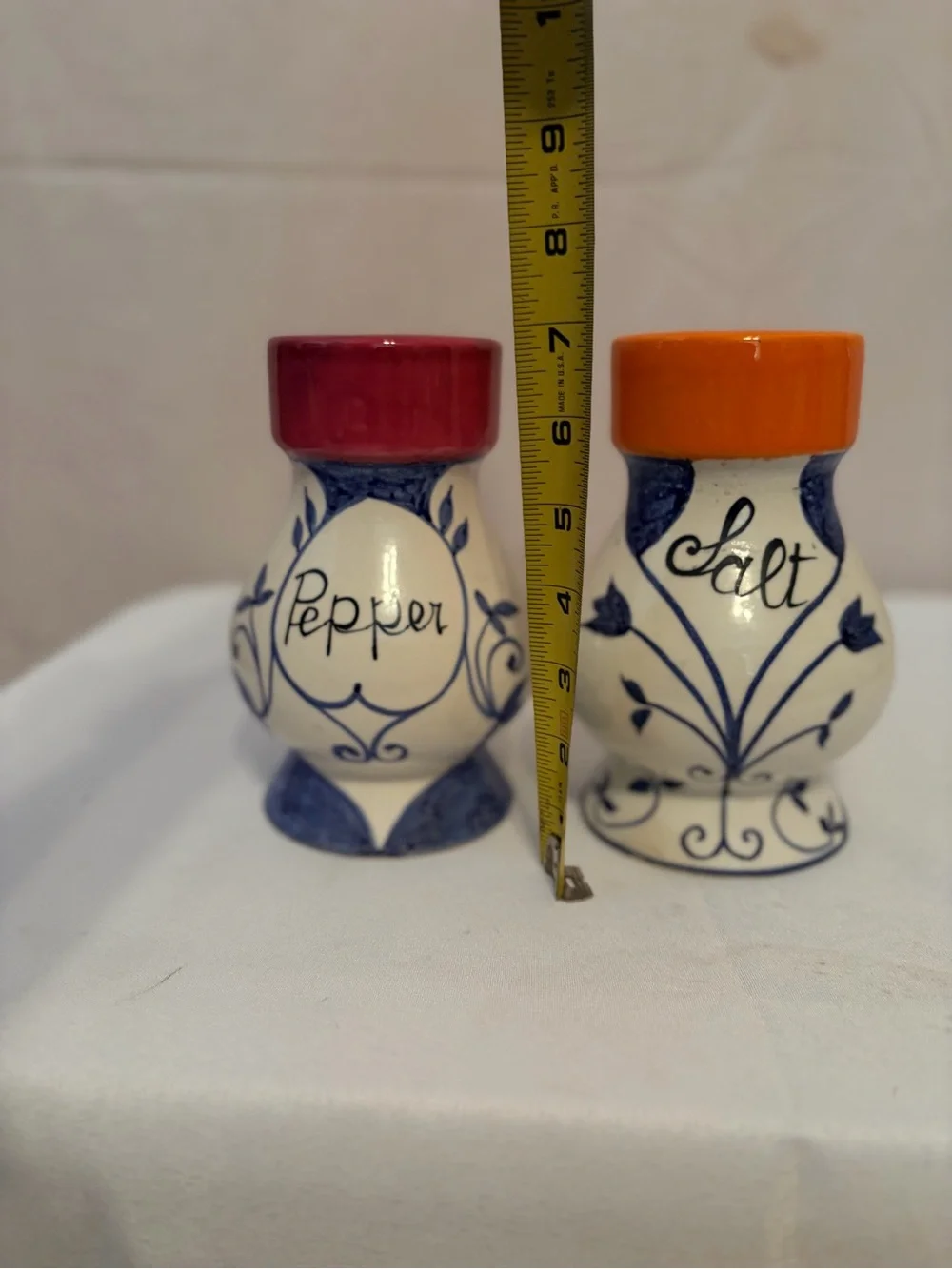 Hand-Painted Ceramic Salt and Pepper Shakers - Red & Orange Tops